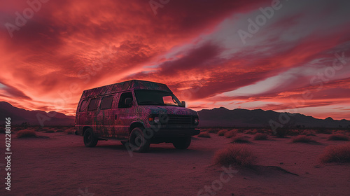 A van parked in front of a colourful sunset in a desert landscape at vibrant pink sunset.. Generative AI