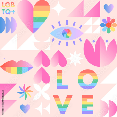 Pride month pattern template.LGBTQ+ community vector illustration in bauhaus style with geometric elements and rainbow lgbt symbols.Human rights movement concept.Gay parade.Colorful cover design.