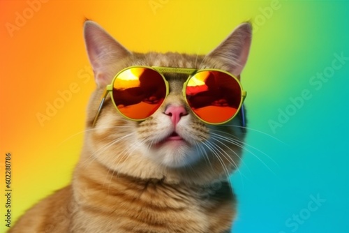 sunglasses cat neon cute colourful animal fashion pet portrait funny. Generative AI. © SHOTPRIME STUDIO