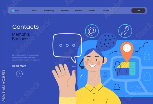 Memphis business illustration. Contacts -modern flat vector concept illustration of a female call center operator, tablet screen, map, location bubble, email, phone. Commerce business sales metaphor.