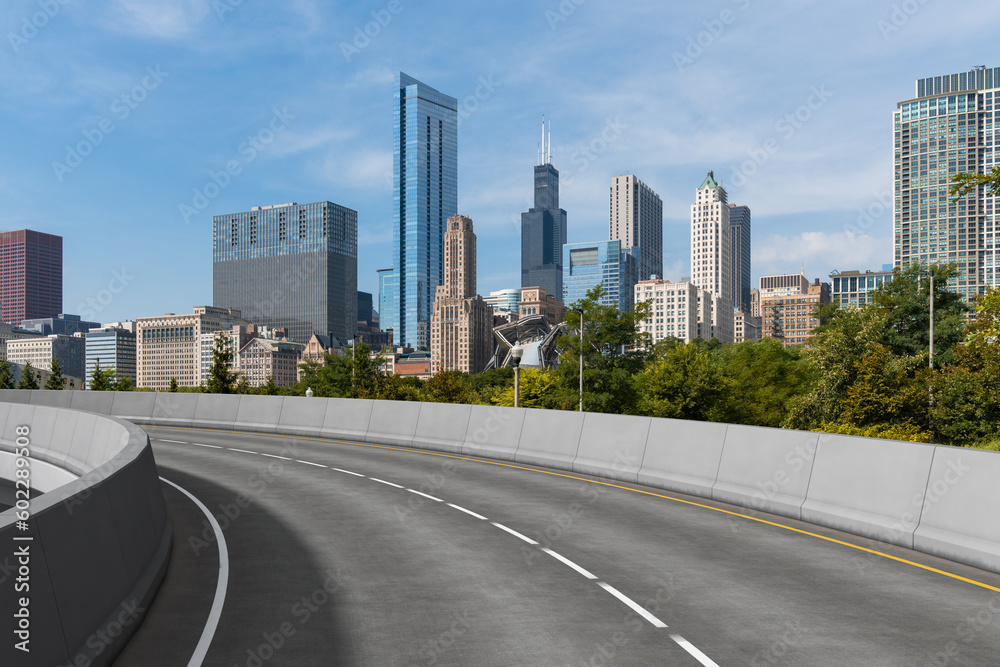 Empty urban asphalt road exterior with city buildings background. New modern highway concrete construction. Concept of way to success. Transportation logistic industry fast delivery. Chicago. USA. Empty urban asphalt road exterior with city buildings background. New modern highway concrete construction. Concept of way to success. Transportation logistic industry fast delivery. Chicago. USA.