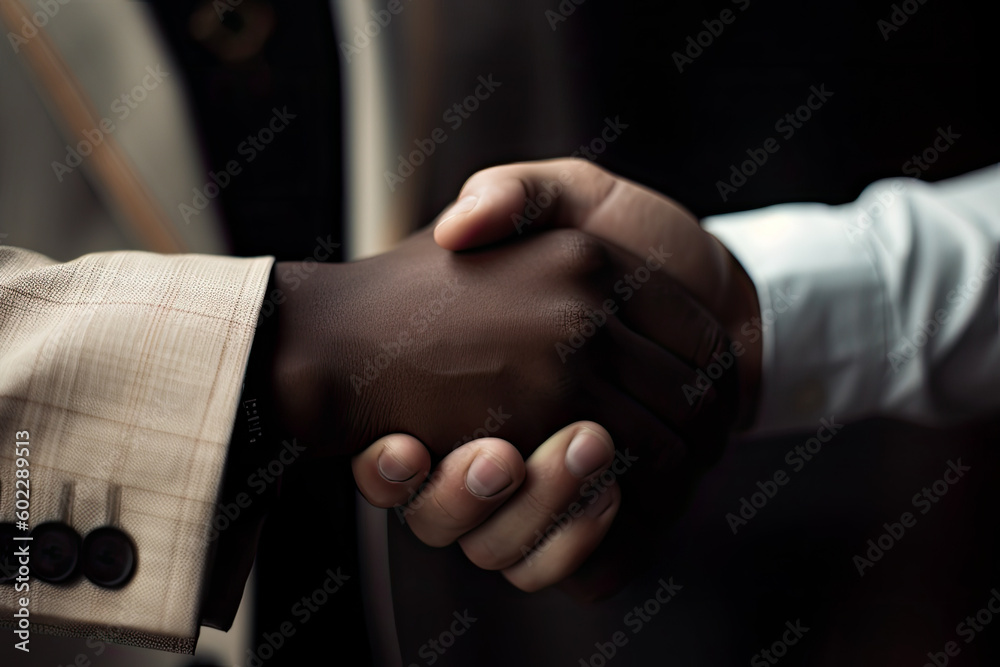 Closeup of handshake of multiethnic business partners, high quality generative AI