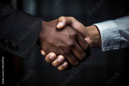 Closeup of handshake of multiethnic business partners, high quality generative AI