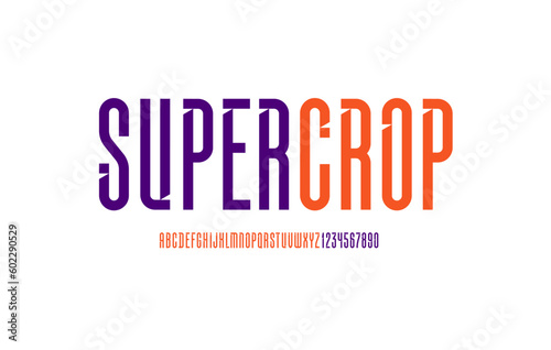 Longest font, high multi-colored alphabet, croppered letters and numbers made Internal angled serifs bevel type, for your designs logo, movie banner, cinema poster or newspaper