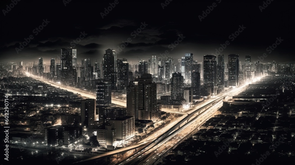 Aerial view of night city with lights.. Generative AI Aerial view of night city with lights.. Generative AI