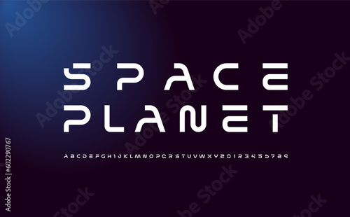 Virtual digital font, cyber alphabet made space design made futurism style, uppercase Latin letters A-Z and Arab numerals 0-9 space style, vector illustration 10EPS