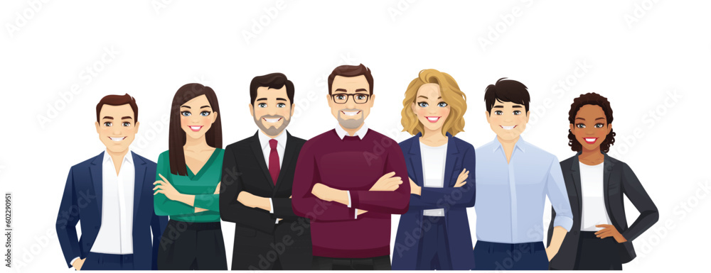 Multiethnic business team set with leader isolated vector illustration - obrazy, fototapety, plakaty 