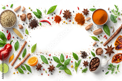 Fresh variety vegetables spices and herbs, blank Place for text on white background
