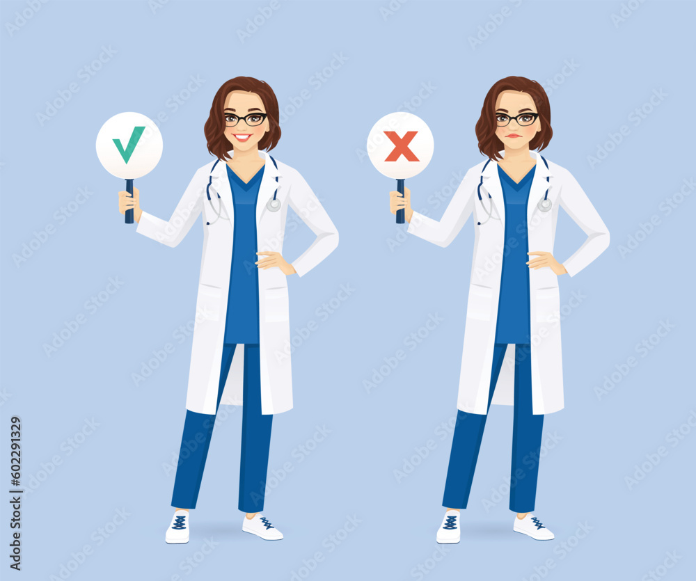 Female doctor or nurse showing right and wrong sign isolated vector illustration 