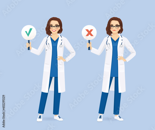 Female doctor or nurse showing right and wrong sign isolated vector illustration 