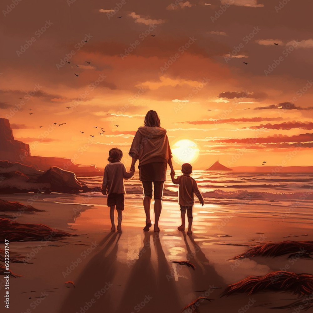 Mother and Sons on the Beach Generative AI artwork Mother and Sons on the Beach Generative AI artwork