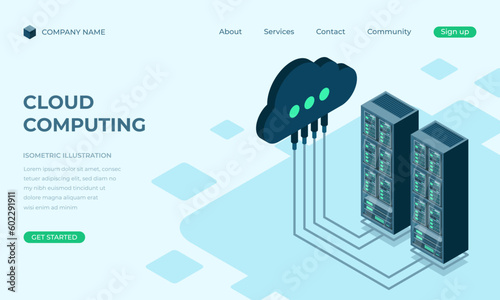 Cloud computing isometric landing page. Cloud storage server. Cloud computing online database technology. Vector illustration