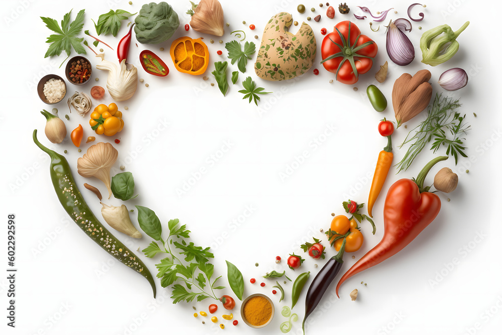 Fresh variety vegetables spices and herbs heart frame, blank Place for text on white background