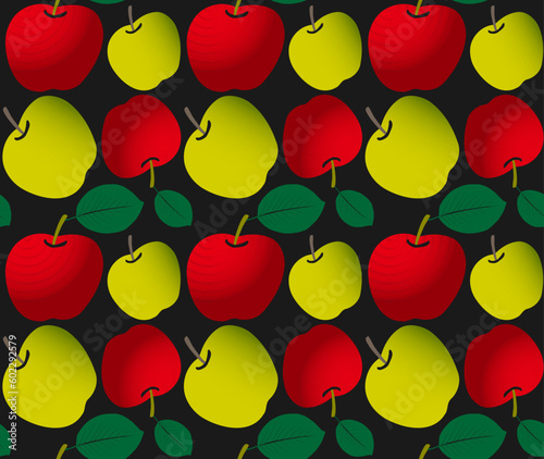 Apples pattern. Vector illustration apples, apples leaves, which are located in a dark background.