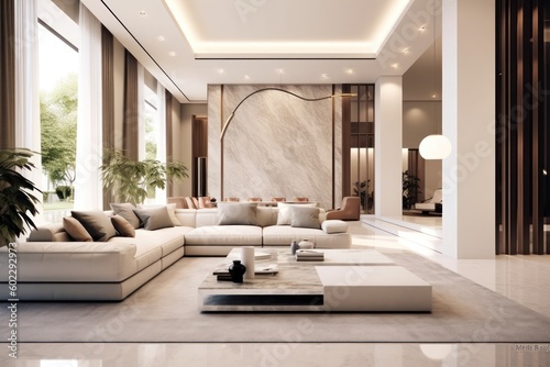 Exquisite Living Room with Comfortable Seating  High Ceilings  and Stylish Decor in Beige Tones for a Cozy Ambiance.