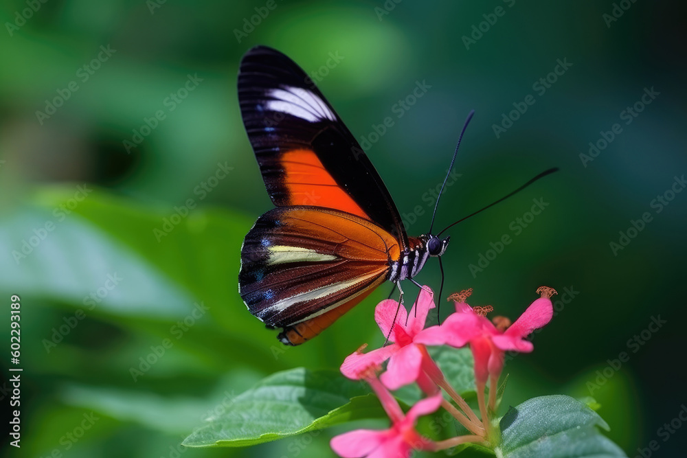 Obraz premium A beautiful butterfly resting on a flower, enjoying the sunshine and sipping nectar. Generative AI, AI.