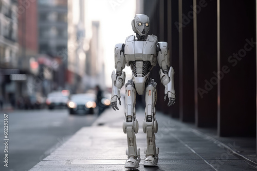 Humanoid white robots against the background of a huge city, among people, the concept of technology development, robotic help to people. Generative AI.