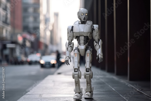 Humanoid white robots against the background of a huge city  among people  the concept of technology development  robotic help to people. Generative AI.