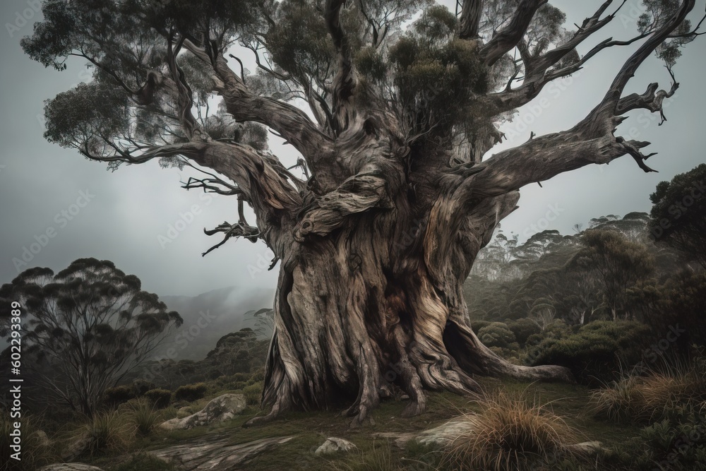 Huge old tree, low angle shot.. Generative AI Huge old tree, low angle shot.. Generative AI