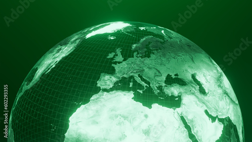 3D render of europe and africa globe map, Technology and Futuristic Green line glowing Earth Background
