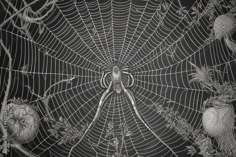 Delicate and Intricate: A Stunning Depiction of a Spider Web with Fine Details and Exquisite Linework, generative AI