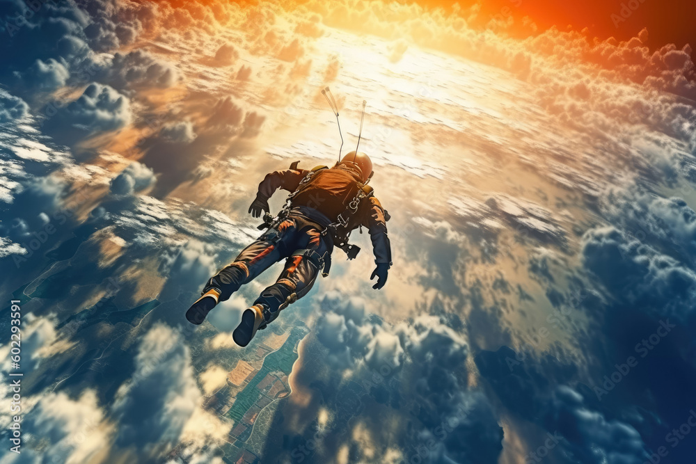 Fototapeta premium A fearless skydiver takes the leap of a lifetime, soaring through the air with the earth and clouds below. Generative AI, AI.