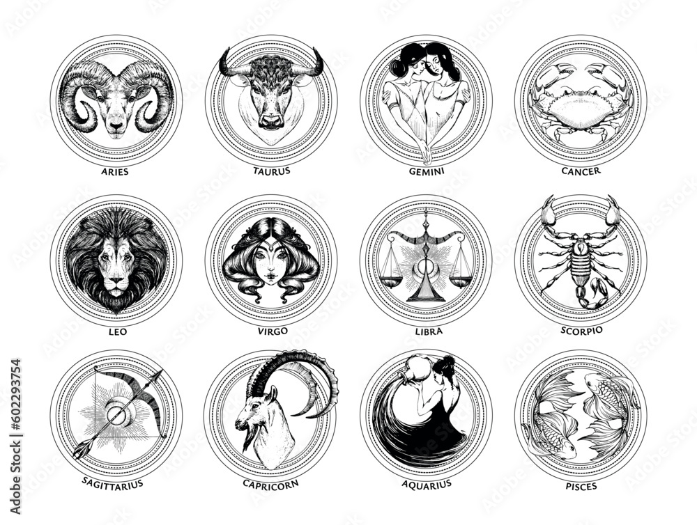 Set of astrological zodiac signs. Aries, taurus, gemini, cancer, leo, virgo, libra, scorpio, sagittarius, capricorn, aquarius, pisces hand drawing. Vector isolated engraving. - obrazy, fototapety, plakaty 