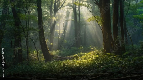 Morning in the forest with sunbeams passing through the trees.. Generative AI