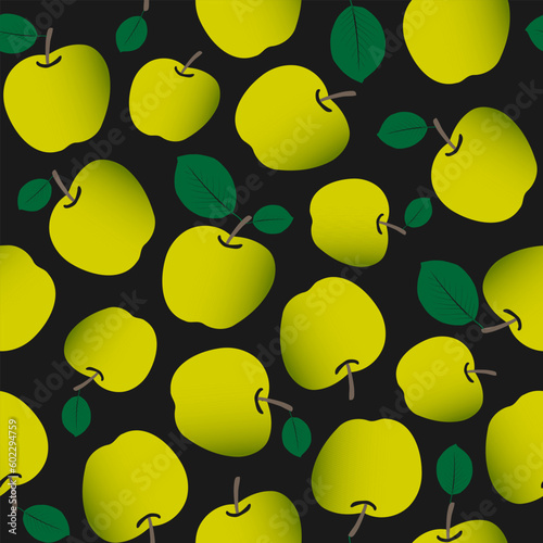 Apples pattern. Vector illustration apples, apples leaves, which are located in a dark background.