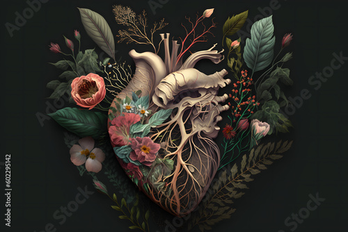 Anatomic heart with flowers and leaves
