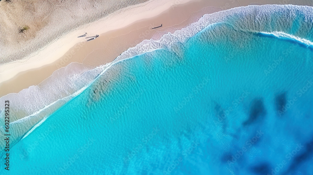 Tropical beach with white sand and sea blue water, aerial top view, generative AI.