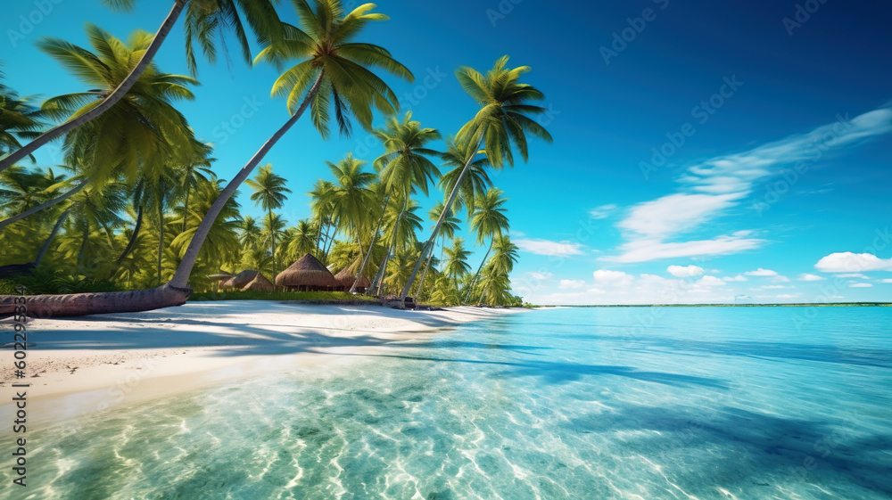 Sea beach with white sand, palm trees, blue water and sky, generative AI.