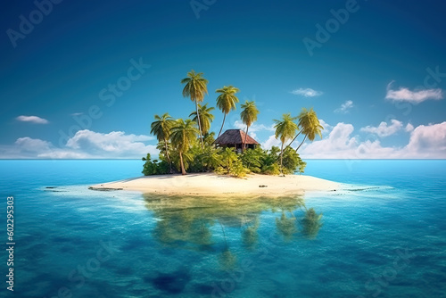 Tiny tropical island with hut and palms surrounded sea blue water, generative AI.