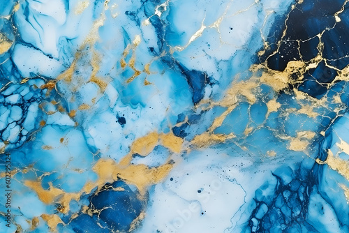 Blue marble abstract background with gold dust texture, generative AI