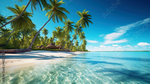 Sea beach with white sand, palm trees, blue water and sky, generative AI. © karina_lo