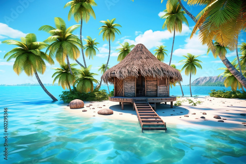 Tropical island with hut and palms surrounded sea blue water, generative AI.