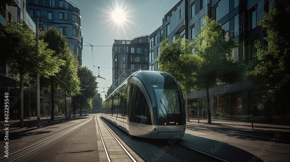 Modern tram in the city at sunset. Travel and transport concept.. Generative AI