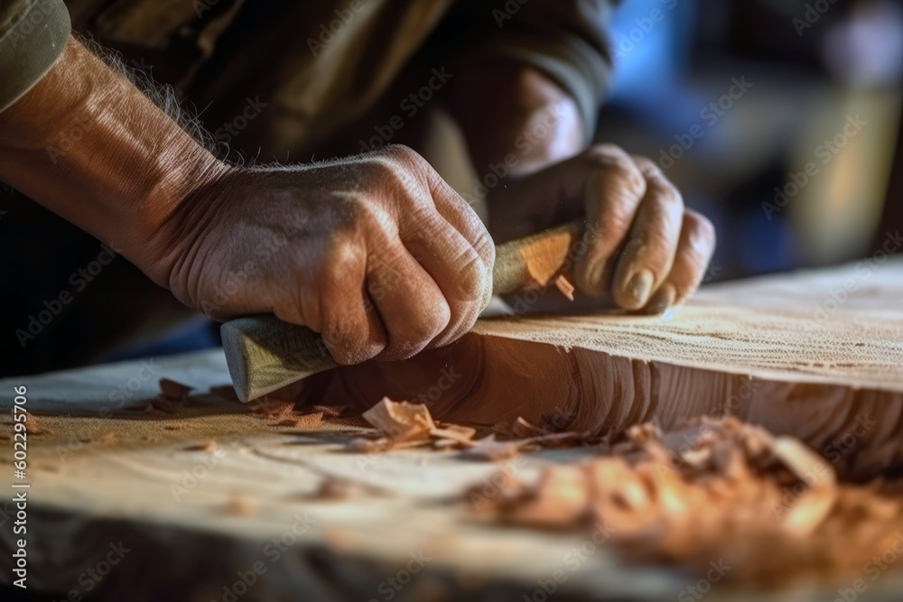 Carpenter working on a wood, old hands close up, workshop background. Generative AI