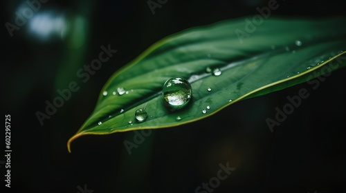Water drop on a green leaf with shallow depth of field and dark background. Generative AI