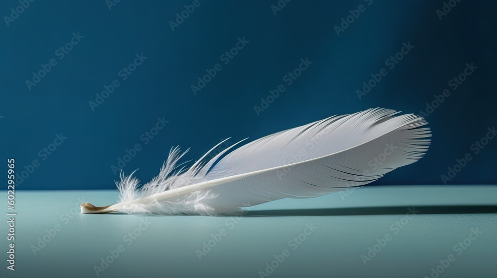 Obraz premium feather of a bird on a blue background with copyspace