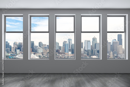 Empty room Interior Skyscrapers View. Cityscape Downtown Seattle City Skyline Buildings from High Rise Window. Beautiful Real Estate. Day time. 3d rendering.