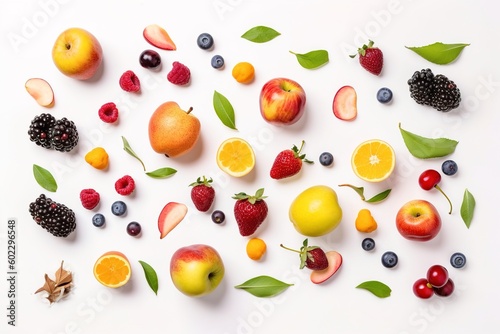 Fruits and berries on white background. Flat lay, top view
