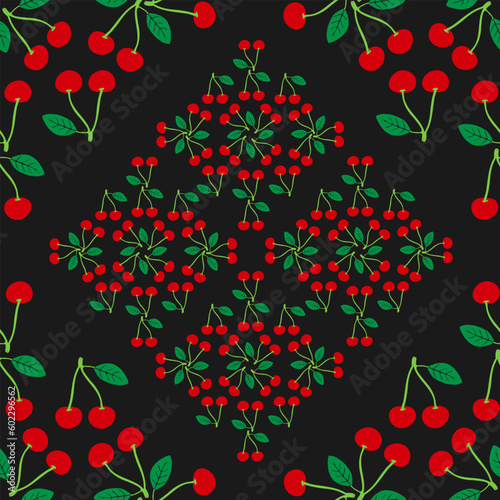 Cherry pattern. Vector illustration cherry, cherry leaves, which are located in a dark background. Ornament.