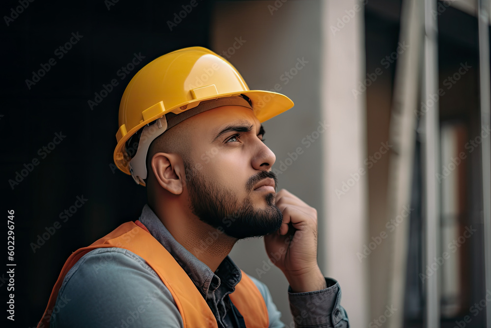 Construction site worker thinking. High quality generative ai Construction site worker thinking. High quality generative ai