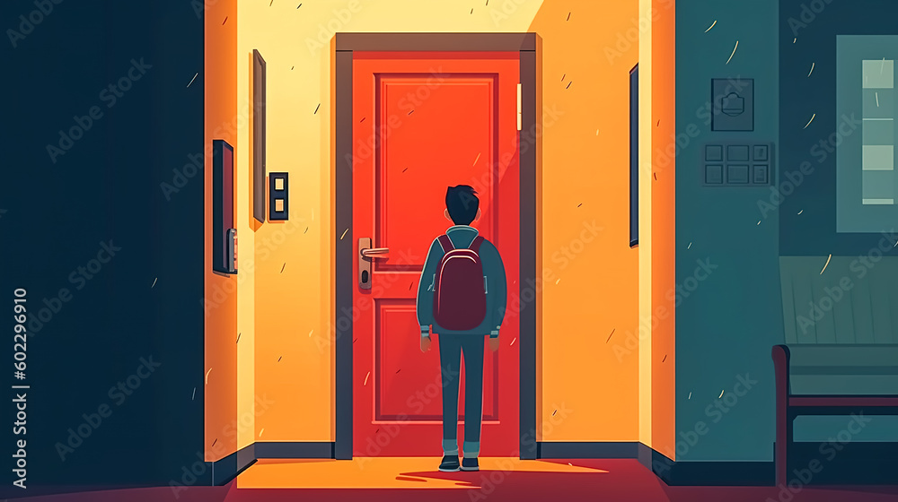 Fototapeta premium Schoolboy with a backpack in the school building, generative AI.