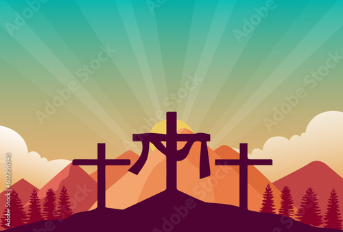 Ascension Day of Jesus Christ, Isa Al Masih, Good Friday. Cross on the hill with a mountain and sunset background. 