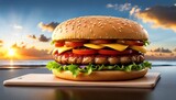 Fresh tasty burger with cheese and tomatoes on a nature background. Generative AI