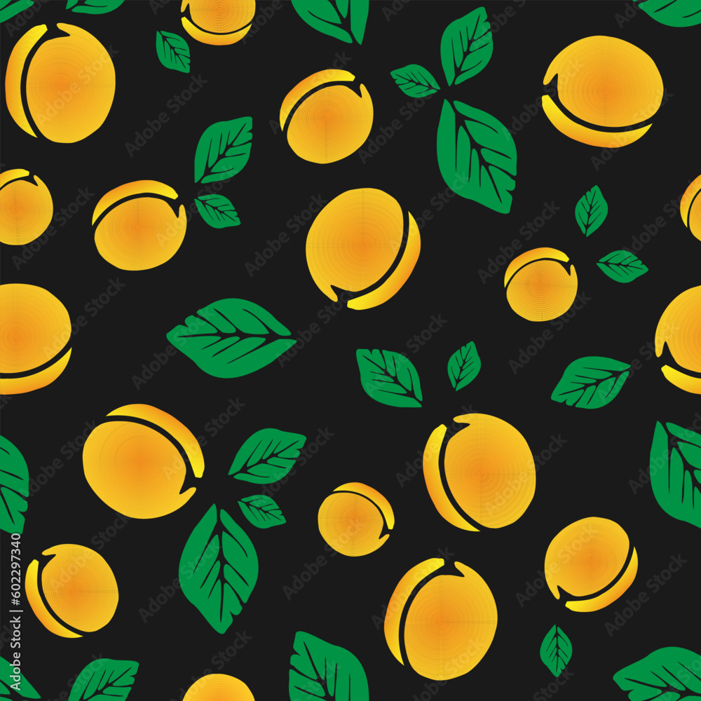 Apricot pattern. Vector illustration apricot fruit & apricot leaves. 