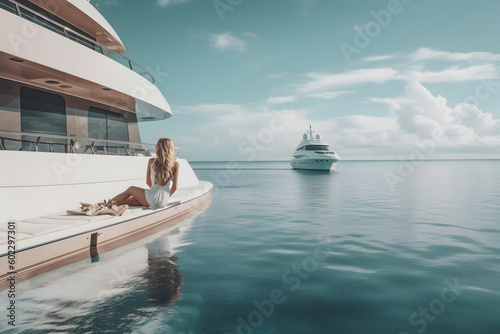 beautiful woman enjoying luxurious yacht cruise, sea travel by luxury boat. Neural network AI generated