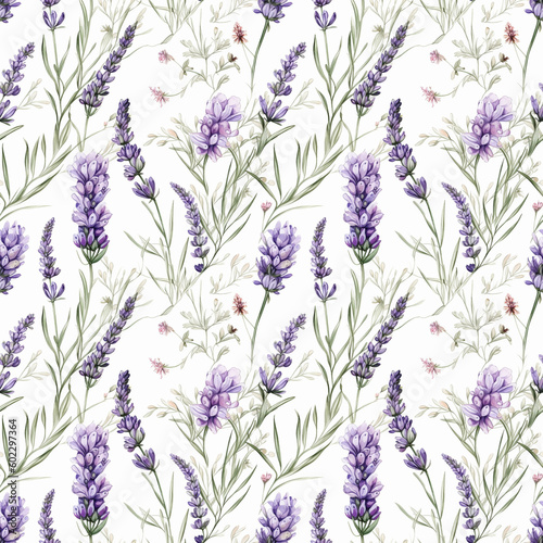 Seamless pattern with many lavender flowers on white background in watercolor style. Generative AI.